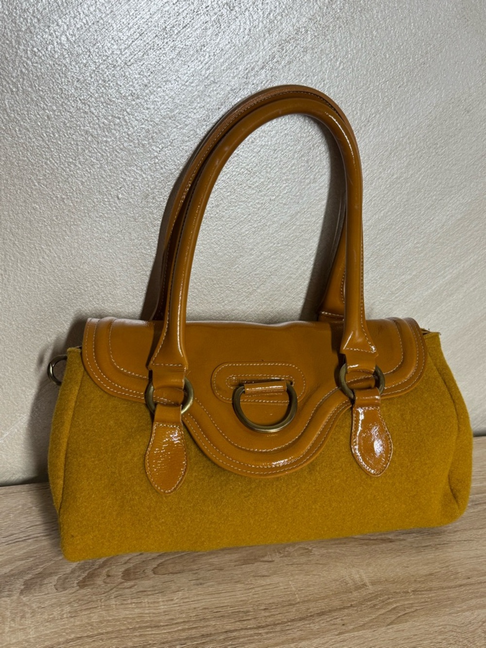 Sofia C. Italian handbag Mustard Wool /Patent Leather Bag Made in Italy